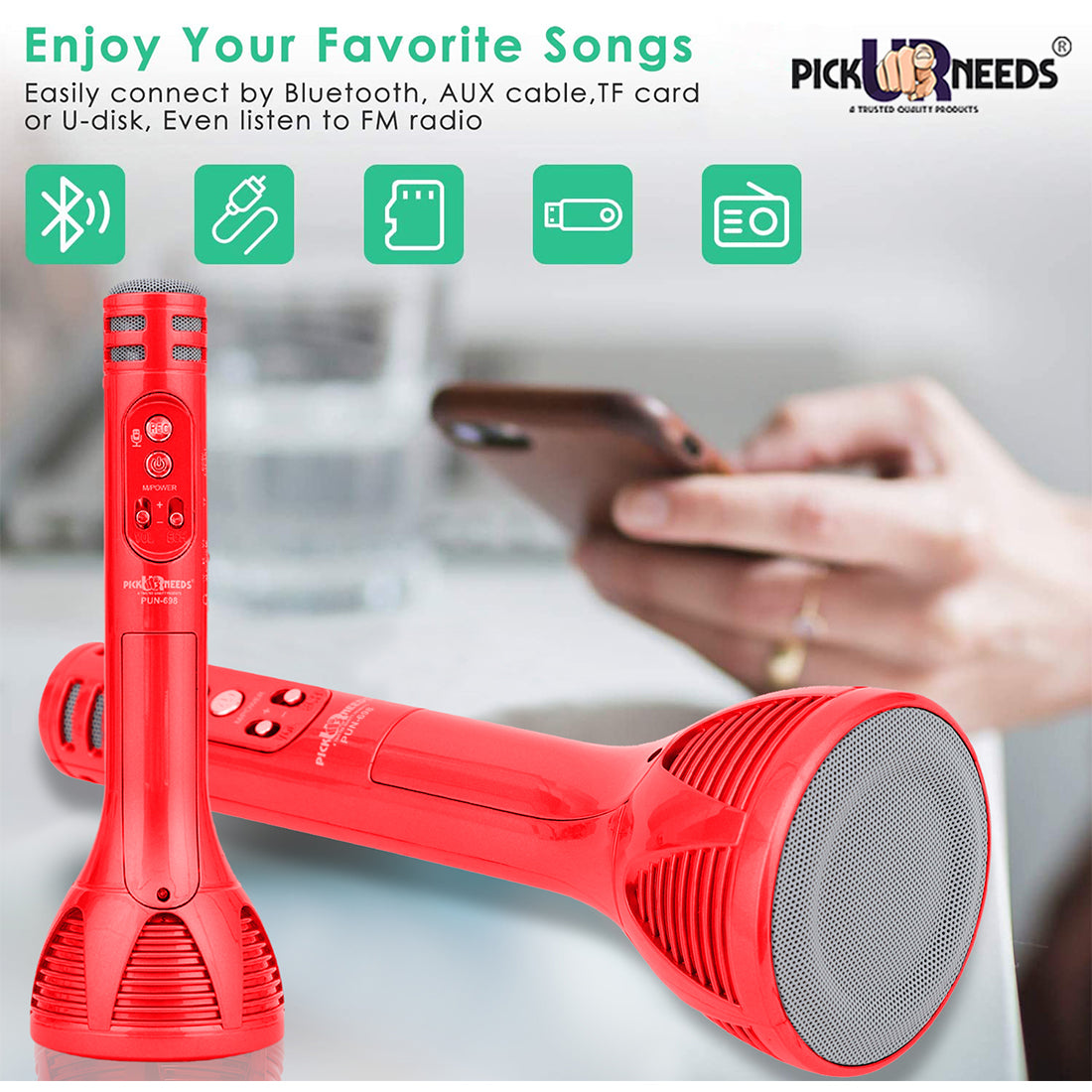 Pick Ur Needs Karaoke Mic with Led Light Wireless Bluetooth Microphone Connection Player Speaker 2-in1 with Recording + USB+FM